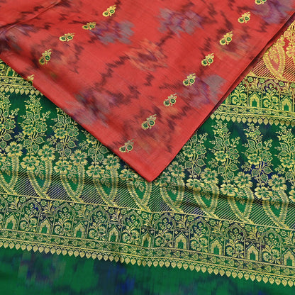 Indian Vintage Green & Orange Heavy Wedding Saree Pure Satin Silk Woven Brocade Banarasi Sarees Sari Fabric Golden Zari 5Yd