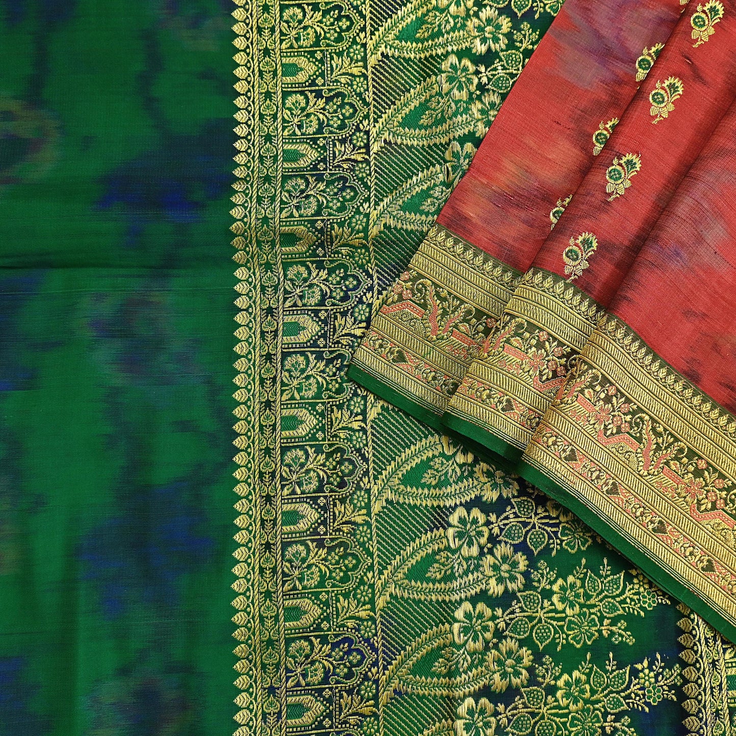 Indian Vintage Green & Orange Heavy Wedding Saree Pure Satin Silk Woven Brocade Banarasi Sarees Sari Fabric Golden Zari 5Yd