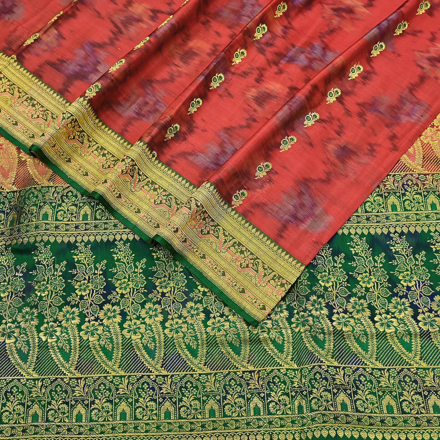 Indian Vintage Green & Orange Heavy Wedding Saree Pure Satin Silk Woven Brocade Banarasi Sarees Sari Fabric Golden Zari 5Yd