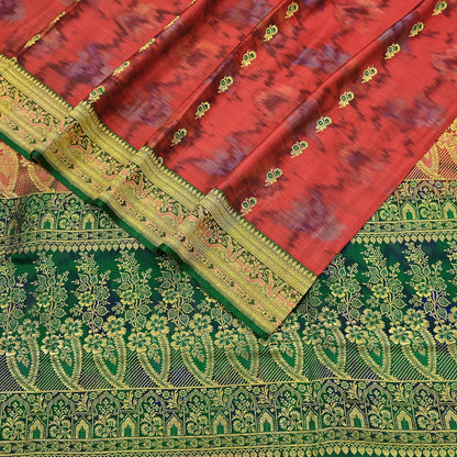 Indian Vintage Green & Orange Heavy Wedding Saree Pure Satin Silk Woven Brocade Banarasi Sarees Sari Fabric Golden Zari 5Yd