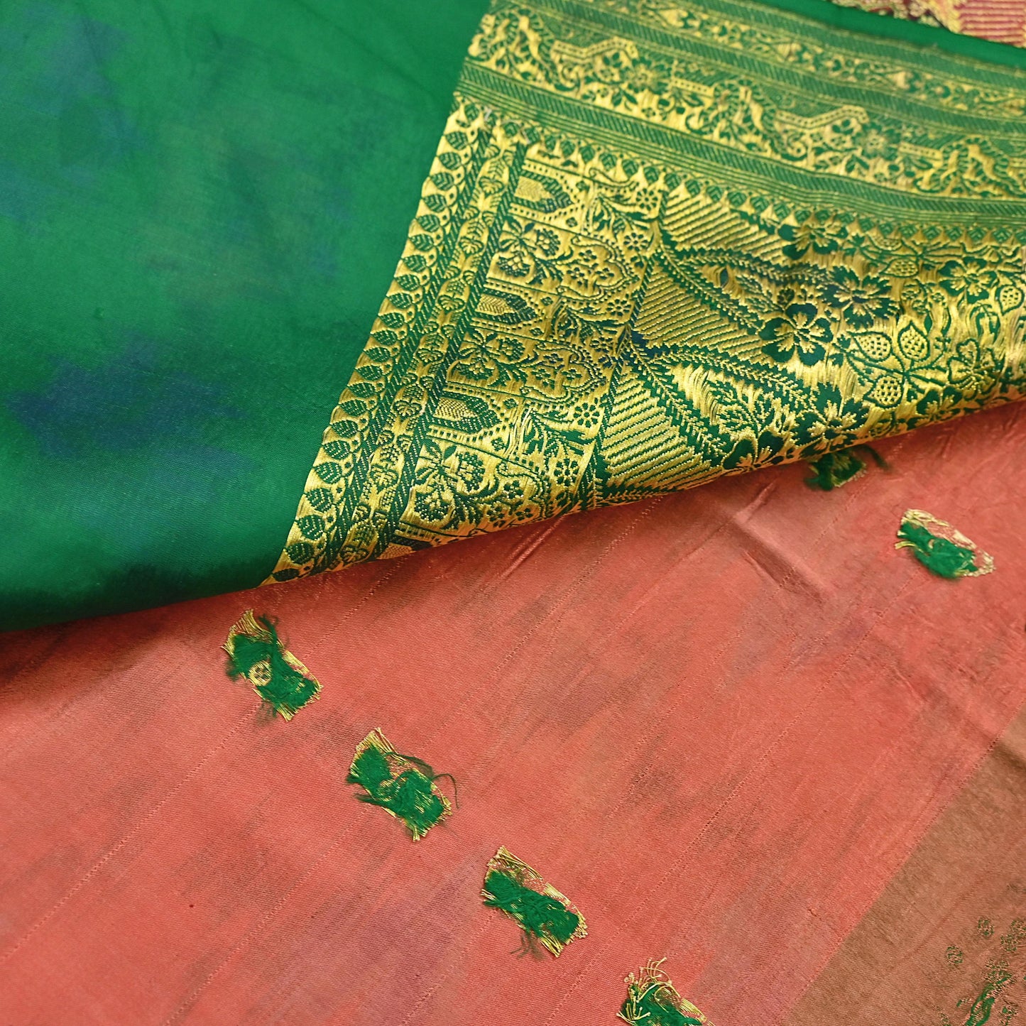 Indian Vintage Green & Orange Heavy Wedding Saree Pure Satin Silk Woven Brocade Banarasi Sarees Sari Fabric Golden Zari 5Yd