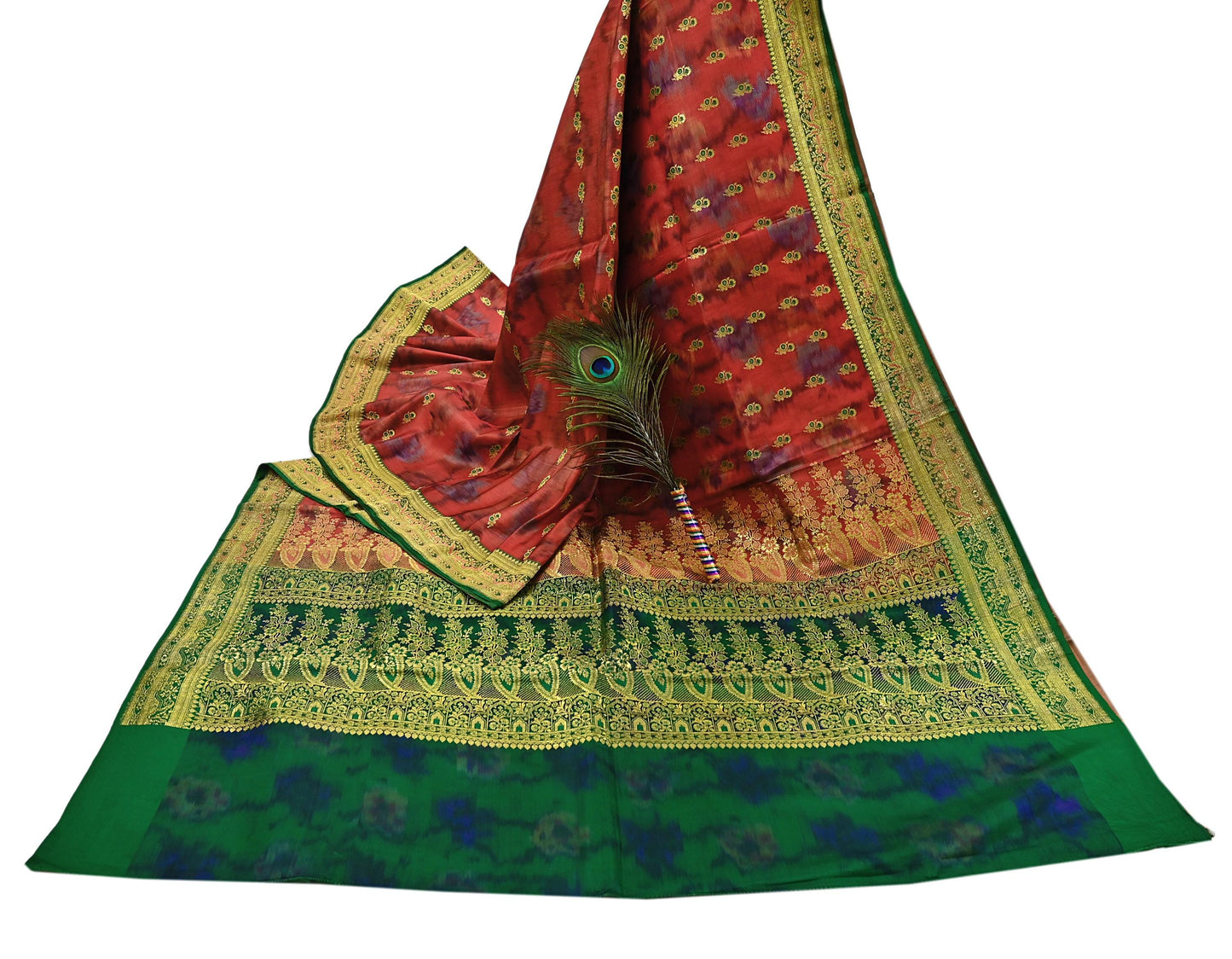 Indian Vintage Green & Orange Heavy Wedding Saree Pure Satin Silk Woven Brocade Banarasi Sarees Sari Fabric Golden Zari 5Yd