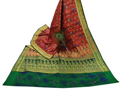 Indian Vintage Green & Orange Heavy Wedding Saree Pure Satin Silk Woven Brocade Banarasi Sarees Sari Fabric Golden Zari 5Yd