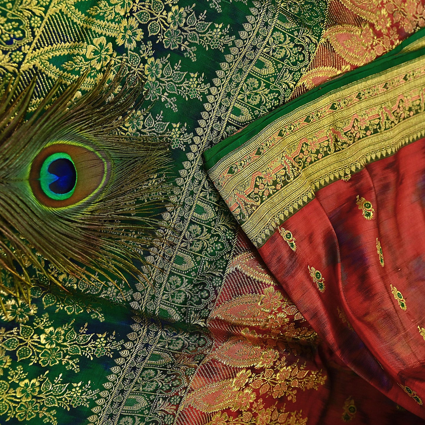 Indian Vintage Green & Orange Heavy Wedding Saree Pure Satin Silk Woven Brocade Banarasi Sarees Sari Fabric Golden Zari 5Yd