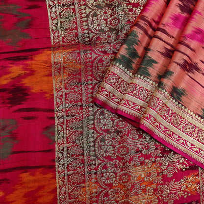 Indian Vintage Multi & Peach Heavy Wedding Saree Pure Satin Silk Woven Brocade Banarasi Sarees Sari Fabric Golden Zari 5Yd
