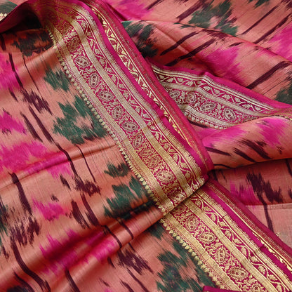 Indian Vintage Multi & Peach Heavy Wedding Saree Pure Satin Silk Woven Brocade Banarasi Sarees Sari Fabric Golden Zari 5Yd