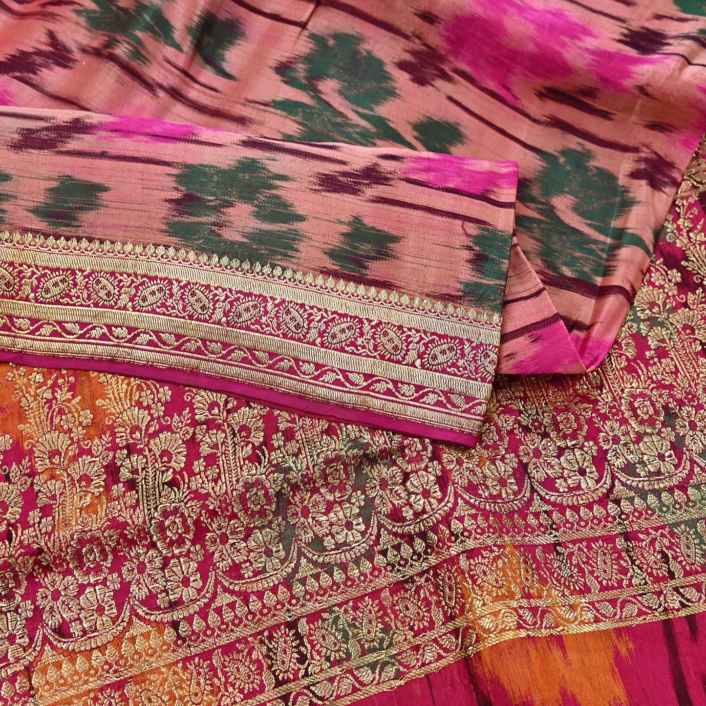 Indian Vintage Multi & Peach Heavy Wedding Saree Pure Satin Silk Woven Brocade Banarasi Sarees Sari Fabric Golden Zari 5Yd