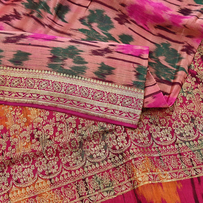 Indian Vintage Multi & Peach Heavy Wedding Saree Pure Satin Silk Woven Brocade Banarasi Sarees Sari Fabric Golden Zari 5Yd