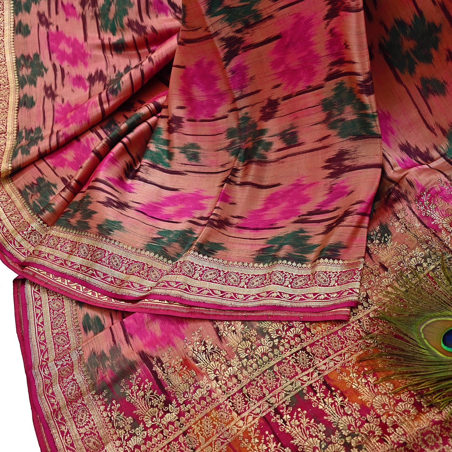 Indian Vintage Multi & Peach Heavy Wedding Saree Pure Satin Silk Woven Brocade Banarasi Sarees Sari Fabric Golden Zari 5Yd