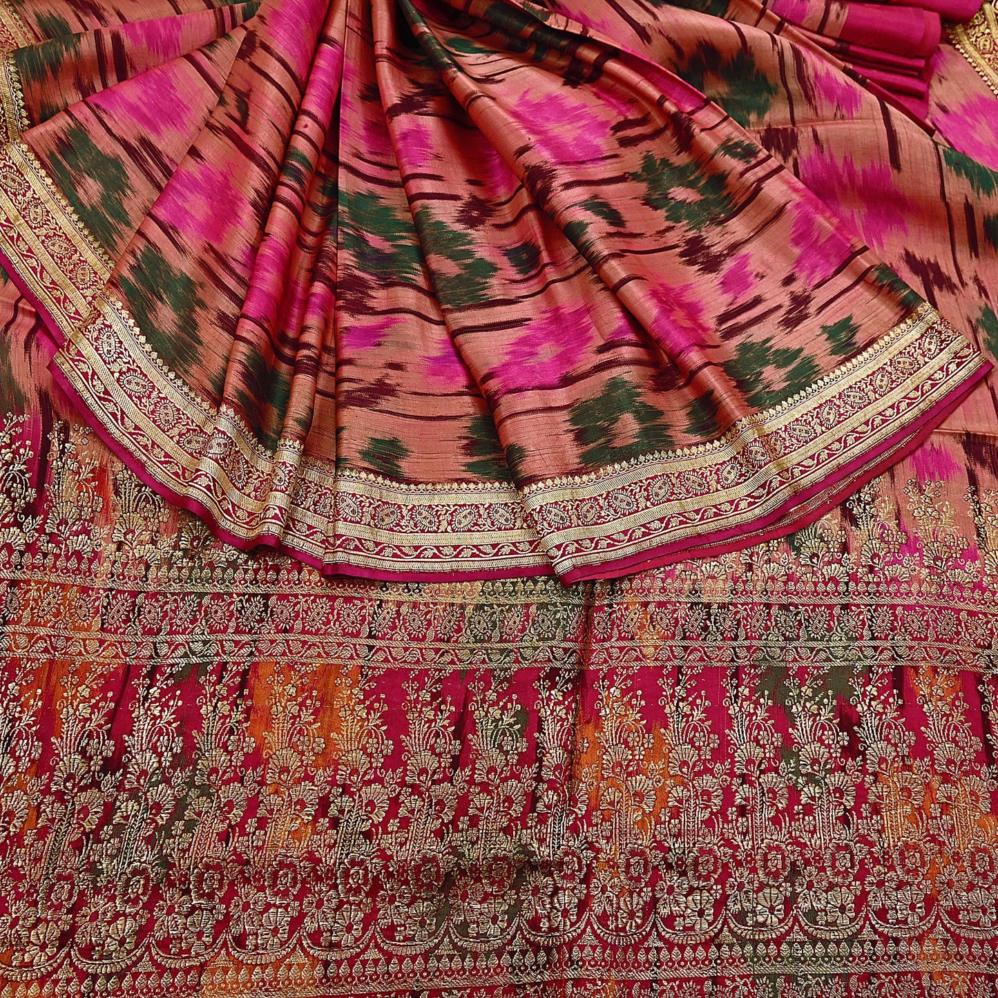 Indian Vintage Multi & Peach Heavy Wedding Saree Pure Satin Silk Woven Brocade Banarasi Sarees Sari Fabric Golden Zari 5Yd