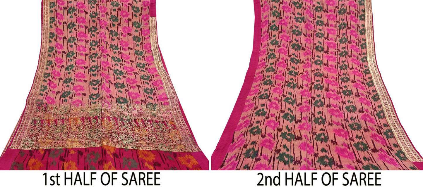 Indian Vintage Multi & Peach Heavy Wedding Saree Pure Satin Silk Woven Brocade Banarasi Sarees Sari Fabric Golden Zari 5Yd