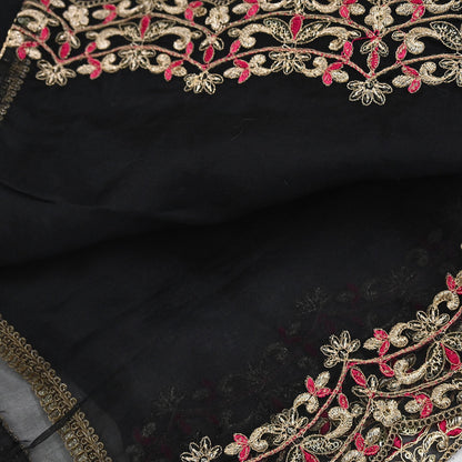 Indian Vintage Black Dupatta Organza Long Stole Embroidered Scarves Veil Soft Floral Design Wrap Boho Party wear
