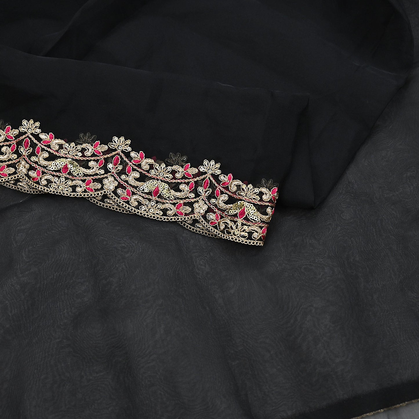 Indian Vintage Black Dupatta Organza Long Stole Embroidered Scarves Veil Soft Floral Design Wrap Boho Party wear