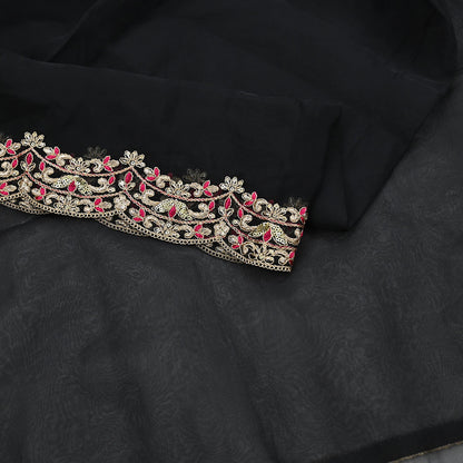 Indian Vintage Black Dupatta Organza Long Stole Embroidered Scarves Veil Soft Floral Design Wrap Boho Party wear