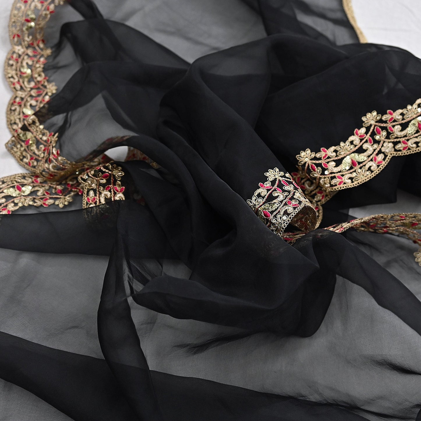 Indian Vintage Black Dupatta Organza Long Stole Embroidered Scarves Veil Soft Floral Design Wrap Boho Party wear