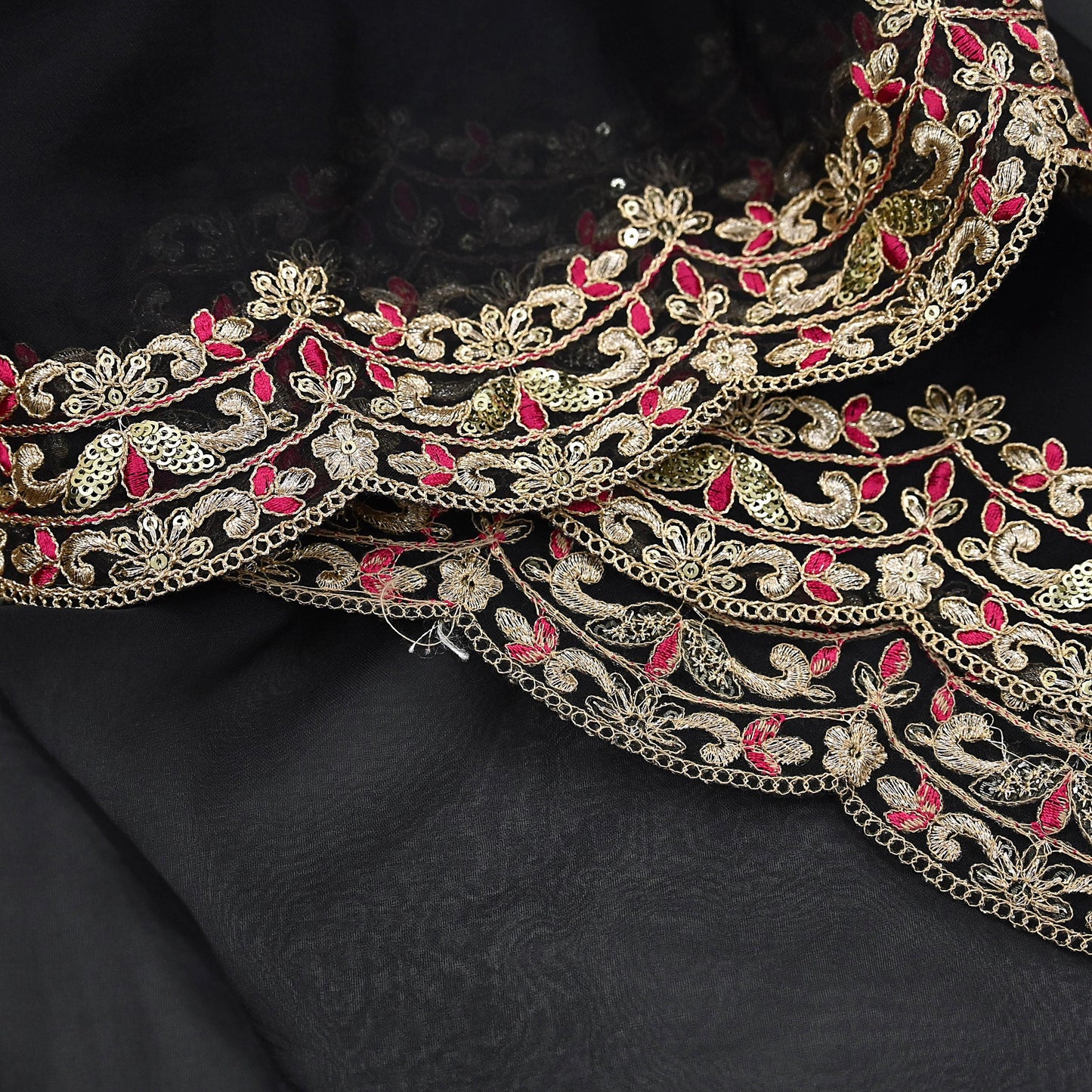 Indian Vintage Black Dupatta Organza Long Stole Embroidered Scarves Veil Soft Floral Design Wrap Boho Party wear