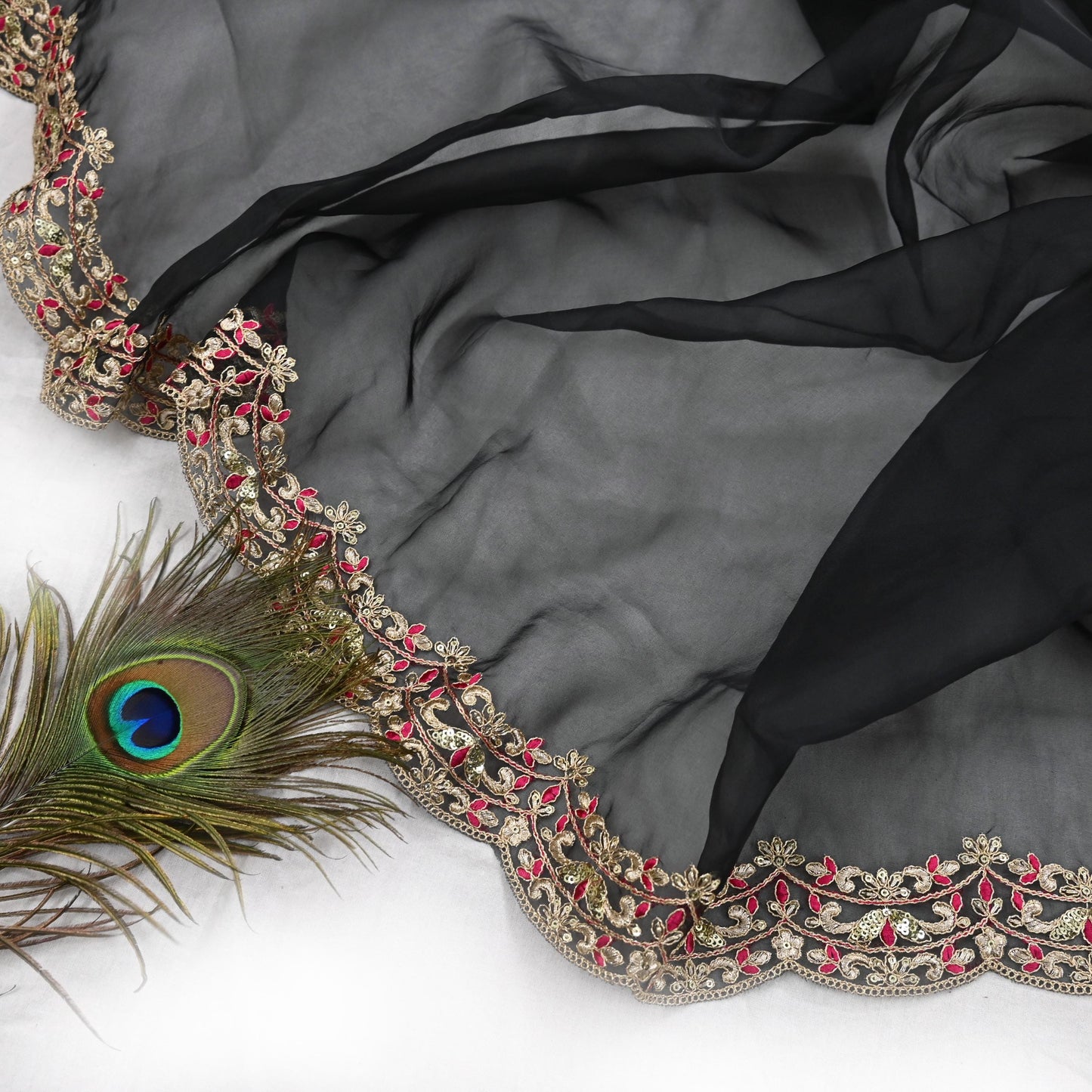 Indian Vintage Black Dupatta Organza Long Stole Embroidered Scarves Veil Soft Floral Design Wrap Boho Party wear