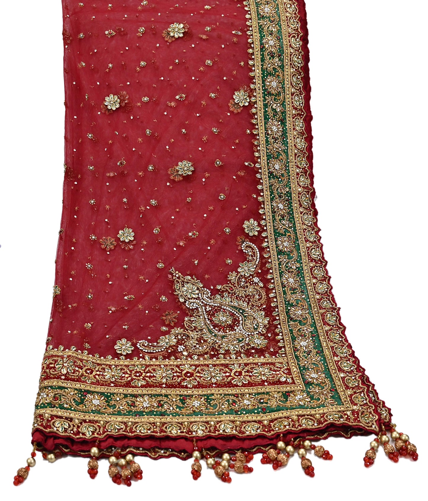 Indian Vintage Heavy Bridal Red Dupatta Net Mesh Long Stole Hand Embroidered Scarves Golden Zardozi Dabka Zari Sequins Wedding Veil Hijab