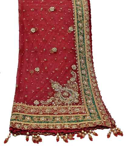Indian Vintage Heavy Bridal Red Dupatta Net Mesh Long Stole Hand Embroidered Scarves Golden Zardozi Dabka Zari Sequins Wedding Veil Hijab
