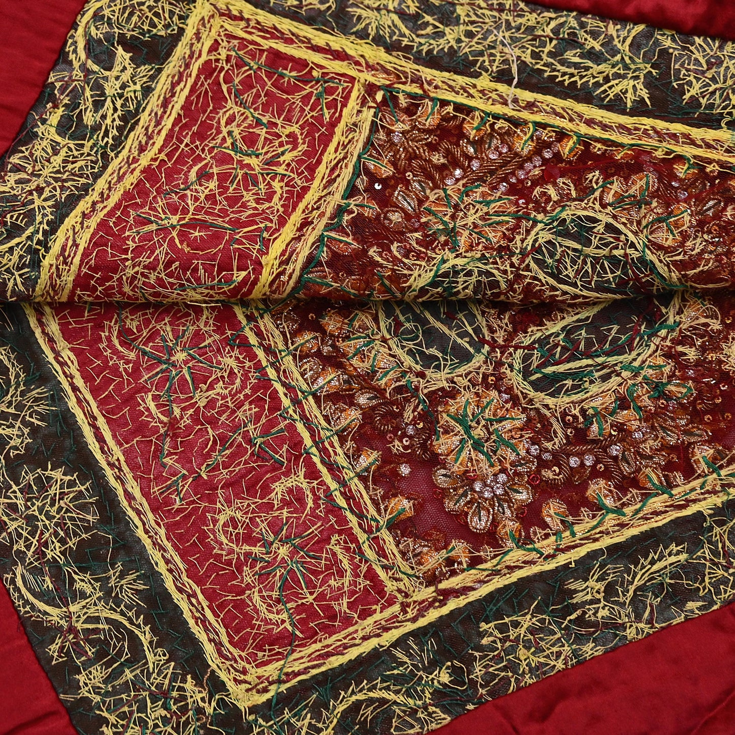 Indian Vintage Heavy Bridal Red Dupatta Net Mesh Long Stole Hand Embroidered Scarves Golden Zardozi Dabka Zari Sequins Wedding Veil Hijab