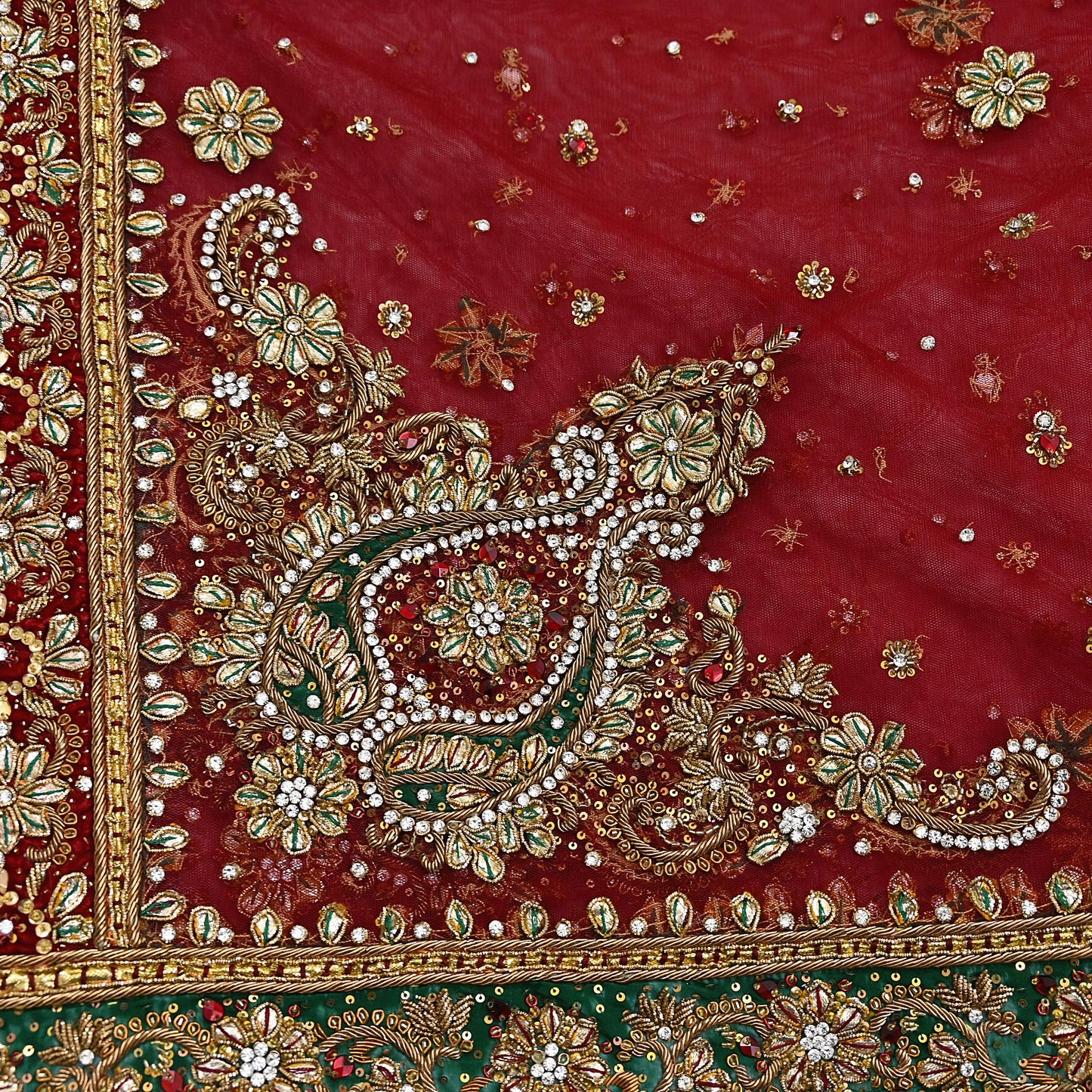 Indian Vintage Heavy Bridal Red Dupatta Net Mesh Long Stole Hand Embroidered Scarves Golden Zardozi Dabka Zari Sequins Wedding Veil Hijab