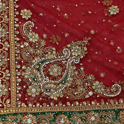Indian Vintage Heavy Bridal Red Dupatta Net Mesh Long Stole Hand Embroidered Scarves Golden Zardozi Dabka Zari Sequins Wedding Veil Hijab