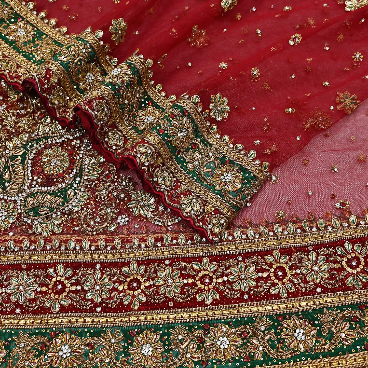 Indian Vintage Heavy Bridal Red Dupatta Net Mesh Long Stole Hand Embroidered Scarves Golden Zardozi Dabka Zari Sequins Wedding Veil Hijab