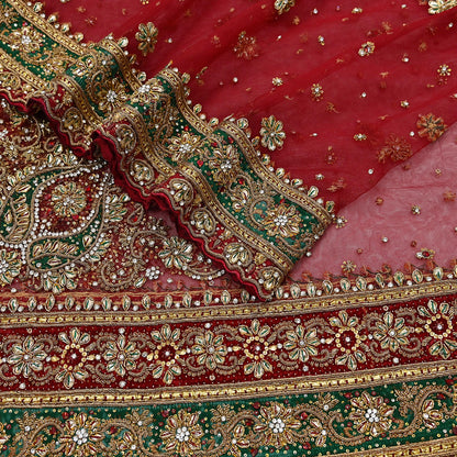 Indian Vintage Heavy Bridal Red Dupatta Net Mesh Long Stole Hand Embroidered Scarves Golden Zardozi Dabka Zari Sequins Wedding Veil Hijab