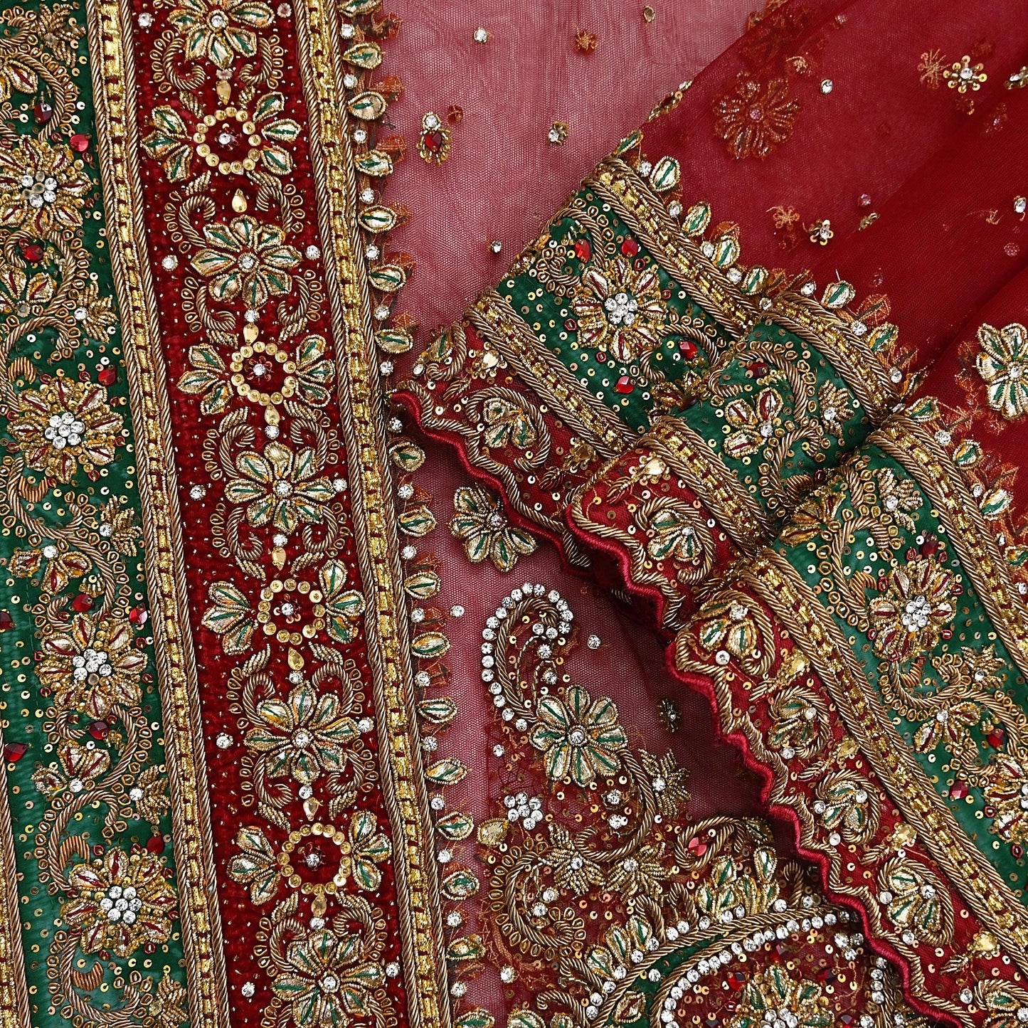 Indian Vintage Heavy Bridal Red Dupatta Net Mesh Long Stole Hand Embroidered Scarves Golden Zardozi Dabka Zari Sequins Wedding Veil Hijab