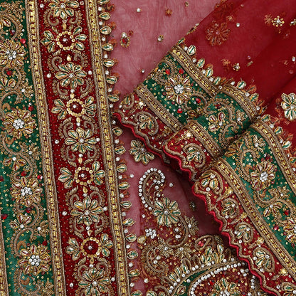 Indian Vintage Heavy Bridal Red Dupatta Net Mesh Long Stole Hand Embroidered Scarves Golden Zardozi Dabka Zari Sequins Wedding Veil Hijab