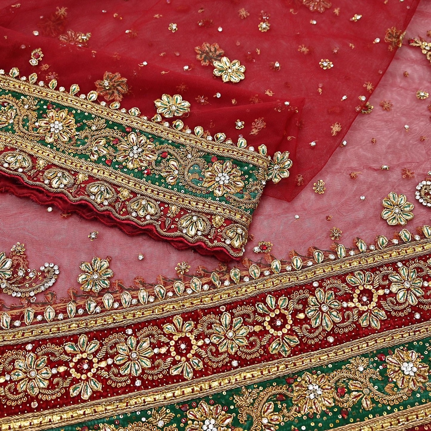 Indian Vintage Heavy Bridal Red Dupatta Net Mesh Long Stole Hand Embroidered Scarves Golden Zardozi Dabka Zari Sequins Wedding Veil Hijab