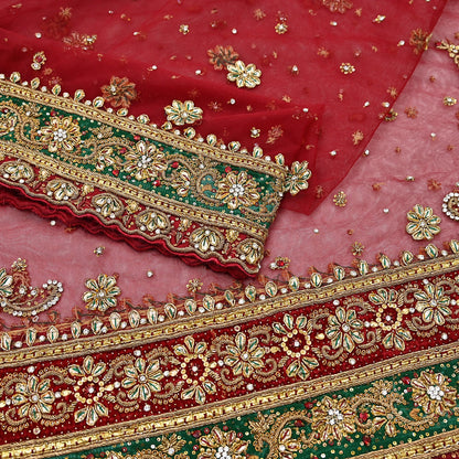 Indian Vintage Heavy Bridal Red Dupatta Net Mesh Long Stole Hand Embroidered Scarves Golden Zardozi Dabka Zari Sequins Wedding Veil Hijab