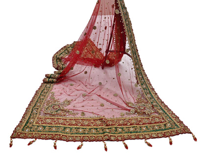 Indian Vintage Heavy Bridal Red Dupatta Net Mesh Long Stole Hand Embroidered Scarves Golden Zardozi Dabka Zari Sequins Wedding Veil Hijab