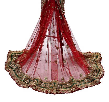 Indian Vintage Heavy Bridal Red Dupatta Net Mesh Long Stole Hand Embroidered Scarves Golden Zardozi Dabka Zari Sequins Wedding Veil Hijab