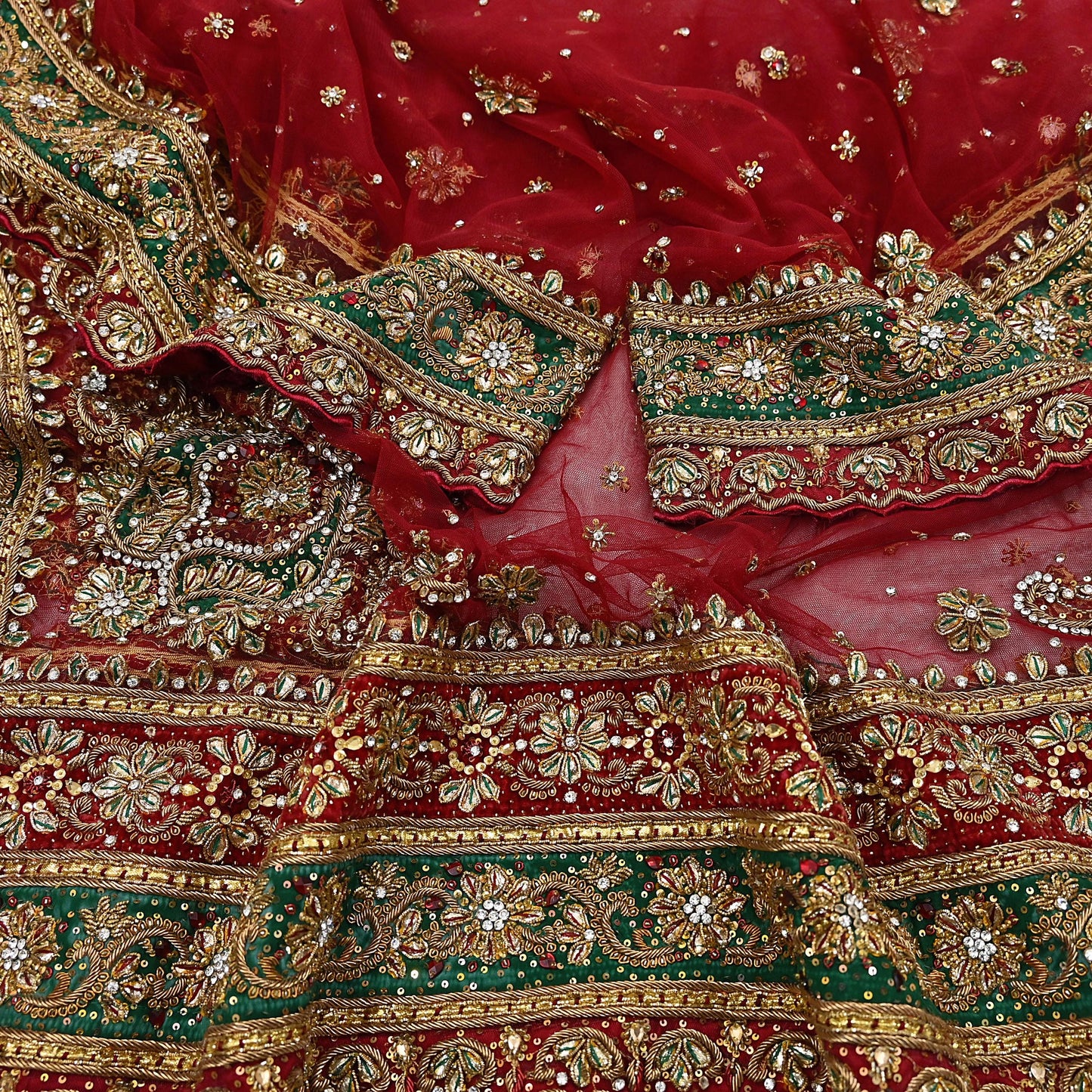 Indian Vintage Heavy Bridal Red Dupatta Net Mesh Long Stole Hand Embroidered Scarves Golden Zardozi Dabka Zari Sequins Wedding Veil Hijab