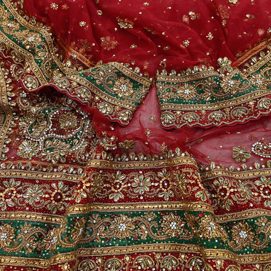 Indian Vintage Heavy Bridal Red Dupatta Net Mesh Long Stole Hand Embroidered Scarves Golden Zardozi Dabka Zari Sequins Wedding Veil Hijab