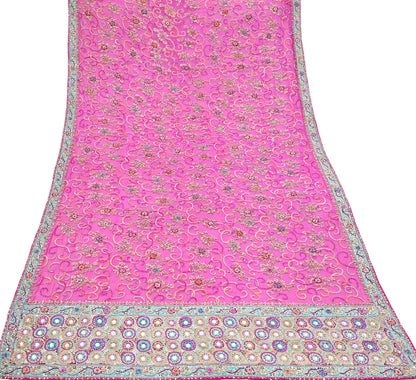 Indian Vintage Heavy Bridal Rani Pink Dupatta Pure Georgette Silk Long Stole Hand Embroidered Scarf Zardozi/Dabka Wedding red Hijab veil