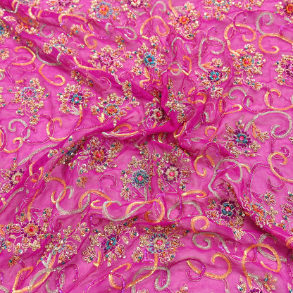 Indian Vintage Heavy Bridal Rani Pink Dupatta Pure Georgette Silk Long Stole Hand Embroidered Scarf Zardozi/Dabka Wedding red Hijab veil