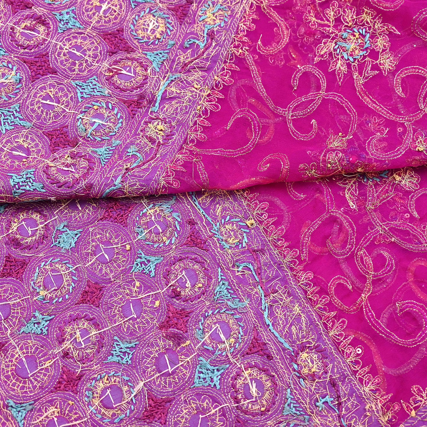 Indian Vintage Heavy Bridal Rani Pink Dupatta Pure Georgette Silk Long Stole Hand Embroidered Scarf Zardozi/Dabka Wedding red Hijab veil