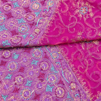 Indian Vintage Heavy Bridal Rani Pink Dupatta Pure Georgette Silk Long Stole Hand Embroidered Scarf Zardozi/Dabka Wedding red Hijab veil