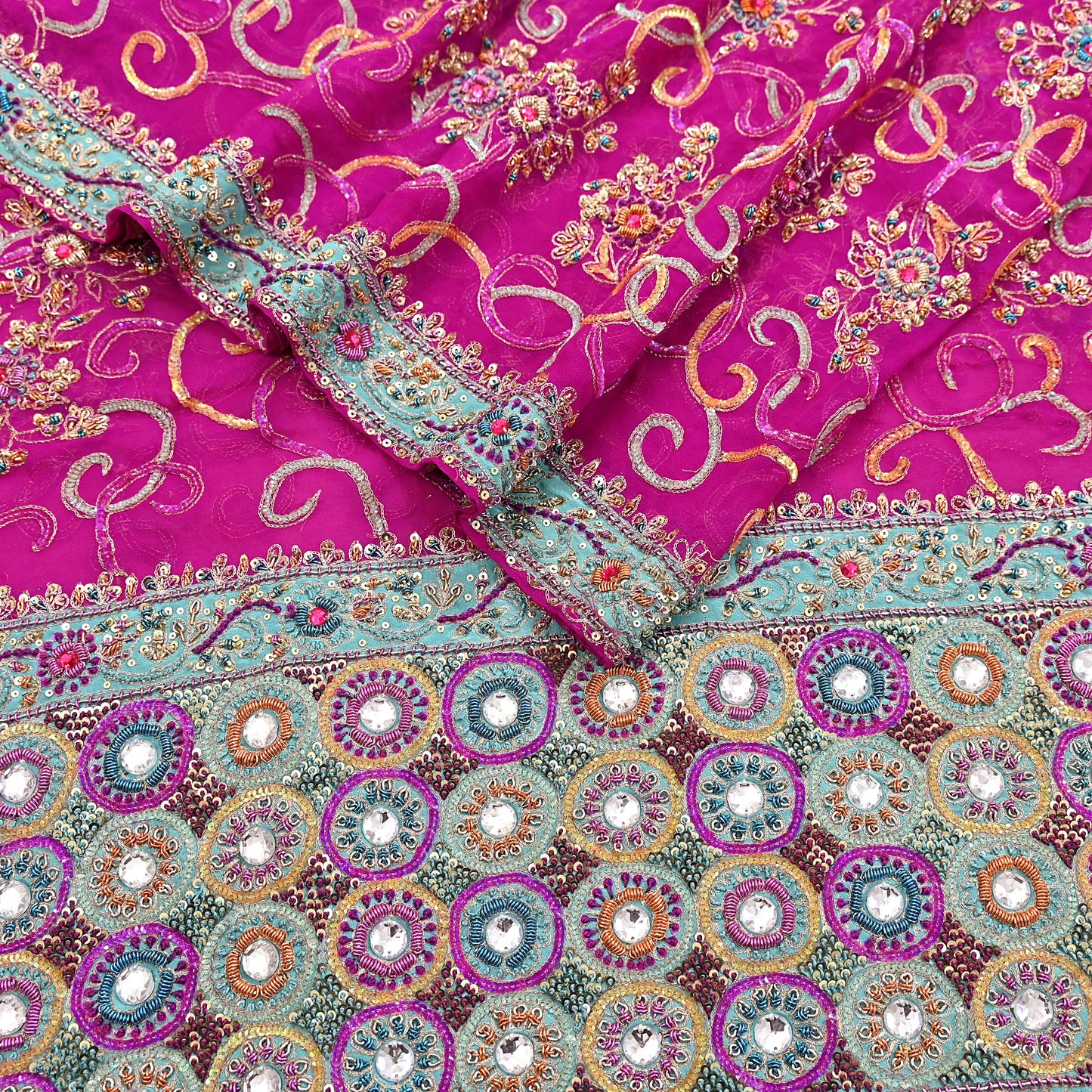 Indian Vintage Heavy Bridal Rani Pink Dupatta Pure Georgette Silk Long Stole Hand Embroidered Scarf Zardozi/Dabka Wedding red Hijab veil