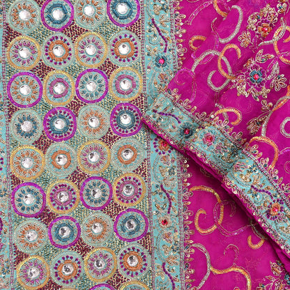 Indian Vintage Heavy Bridal Rani Pink Dupatta Pure Georgette Silk Long Stole Hand Embroidered Scarf Zardozi/Dabka Wedding red Hijab veil