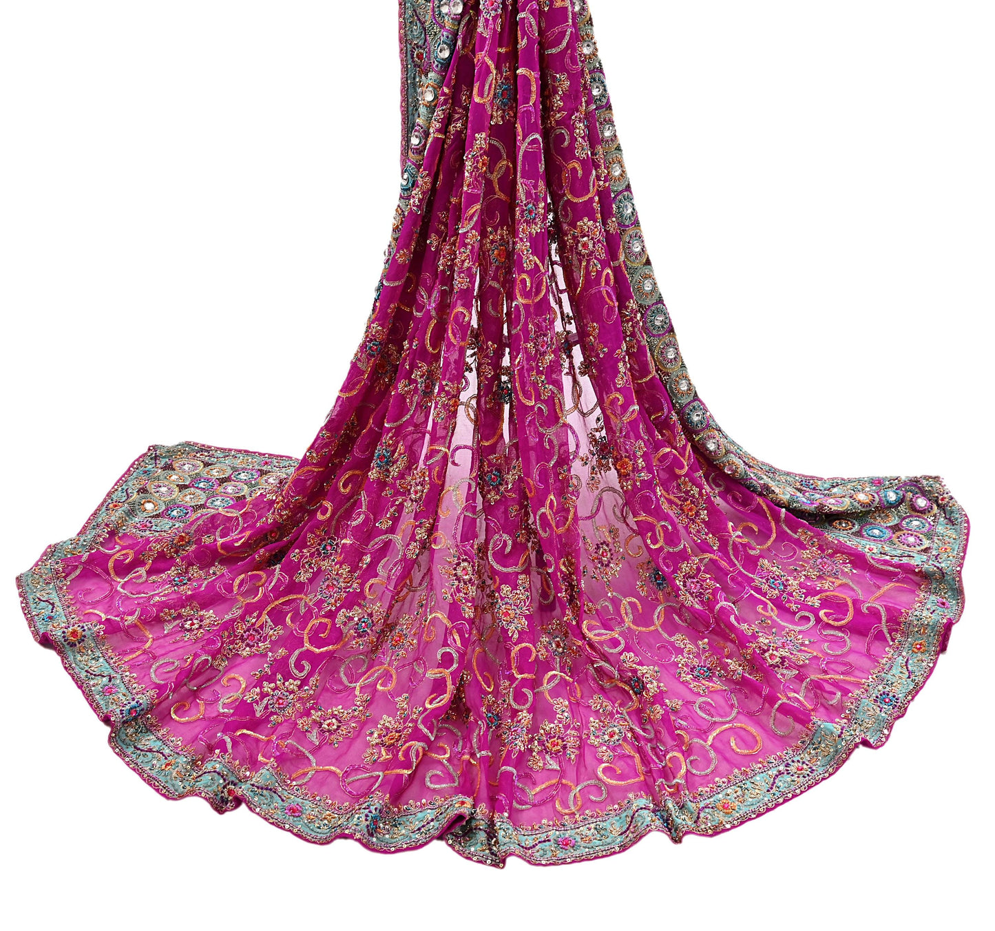 Indian Vintage Heavy Bridal Rani Pink Dupatta Pure Georgette Silk Long Stole Hand Embroidered Scarf Zardozi/Dabka Wedding red Hijab veil