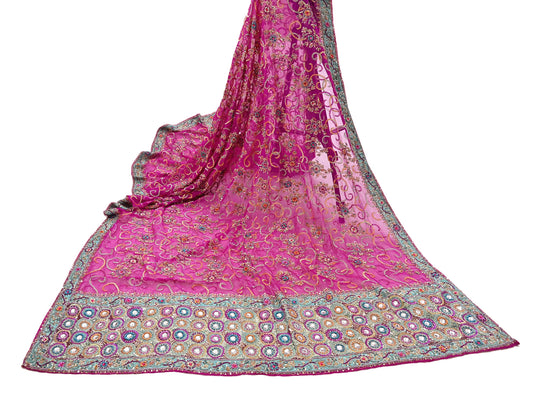 Indian Vintage Heavy Bridal Rani Pink Dupatta Pure Georgette Silk Long Stole Hand Embroidered Scarf Zardozi/Dabka Wedding red Hijab veil