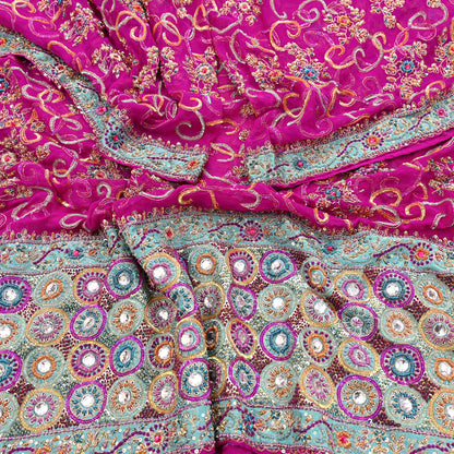 Indian Vintage Heavy Bridal Rani Pink Dupatta Pure Georgette Silk Long Stole Hand Embroidered Scarf Zardozi/Dabka Wedding red Hijab veil
