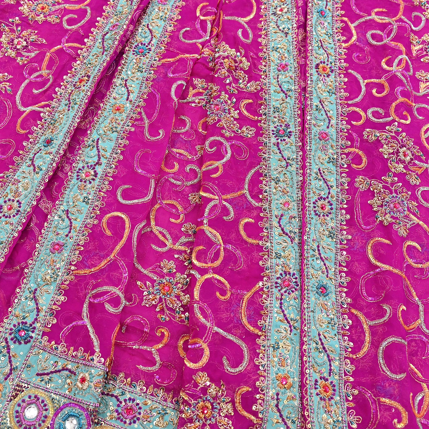 Indian Vintage Heavy Bridal Rani Pink Dupatta Pure Georgette Silk Long Stole Hand Embroidered Scarf Zardozi/Dabka Wedding red Hijab veil