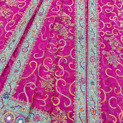 Indian Vintage Heavy Bridal Rani Pink Dupatta Pure Georgette Silk Long Stole Hand Embroidered Scarf Zardozi/Dabka Wedding red Hijab veil