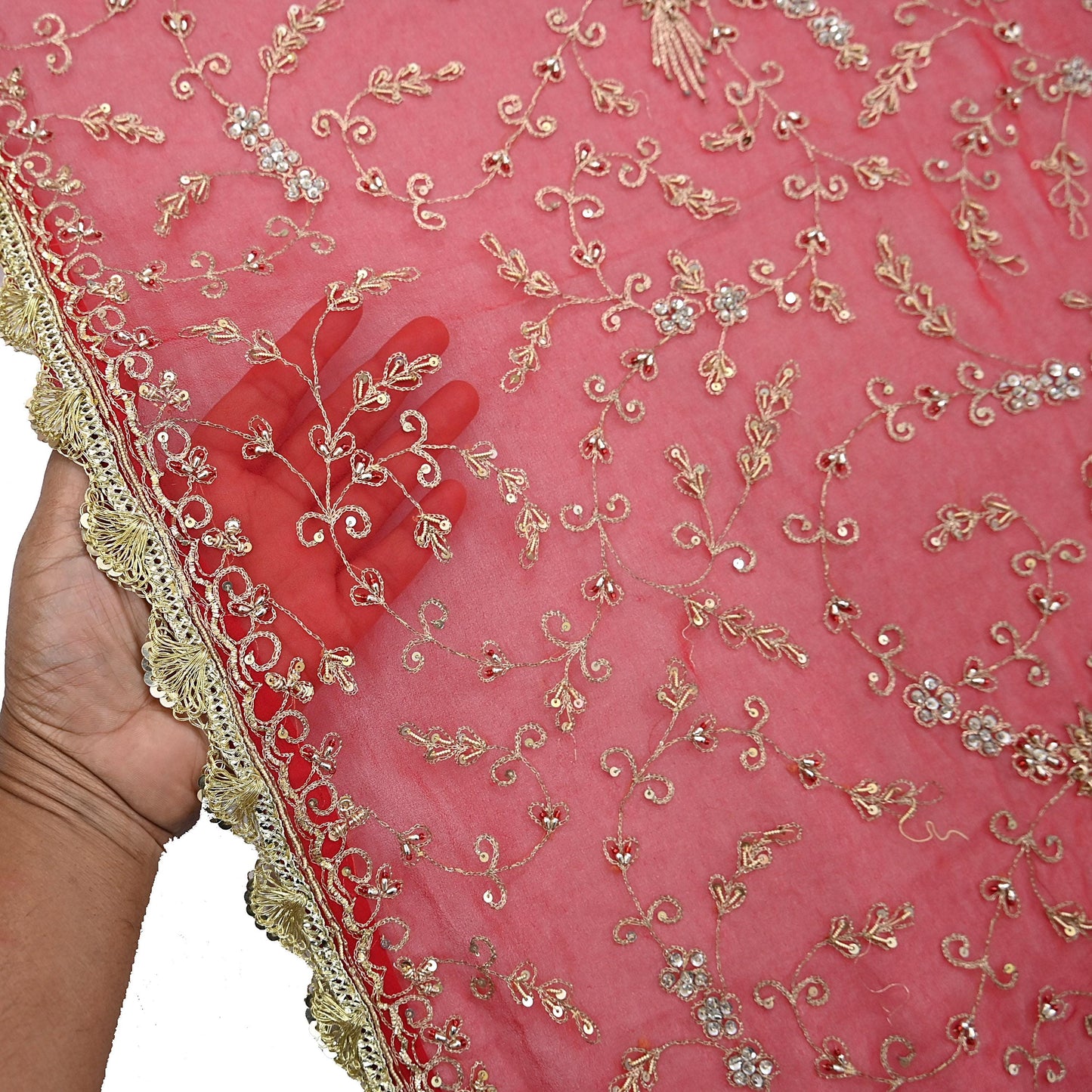 Indian Vintage Heavy Bridal Tomato Red Dupatta Pure Georgette Silk Long Stole Hand Embroidered Scarf Zardozi/Dabka Wedding red Hijab veil