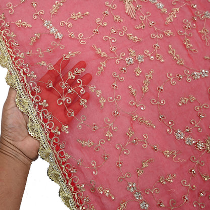 Indian Vintage Heavy Bridal Tomato Red Dupatta Pure Georgette Silk Long Stole Hand Embroidered Scarf Zardozi/Dabka Wedding red Hijab veil