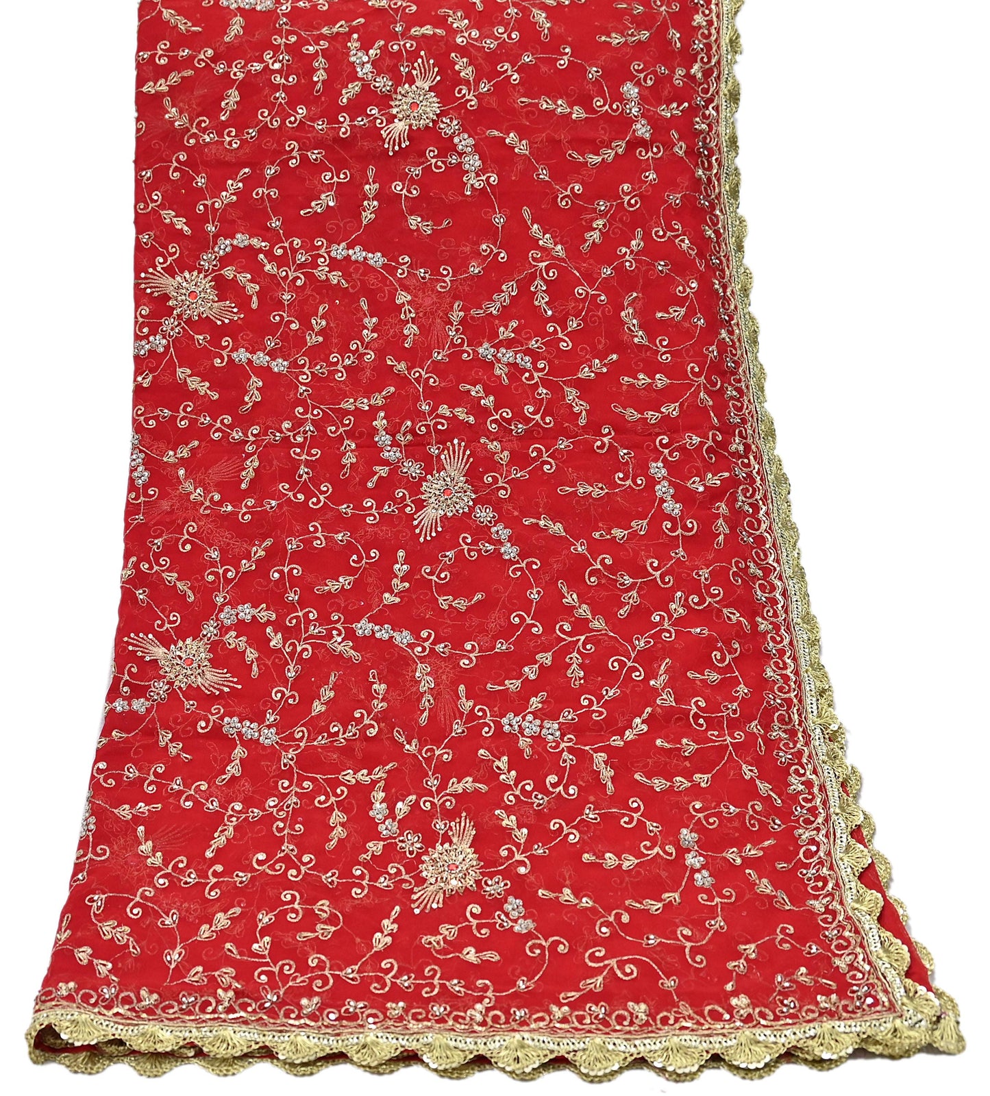 Indian Vintage Heavy Bridal Tomato Red Dupatta Pure Georgette Silk Long Stole Hand Embroidered Scarf Zardozi/Dabka Wedding red Hijab veil